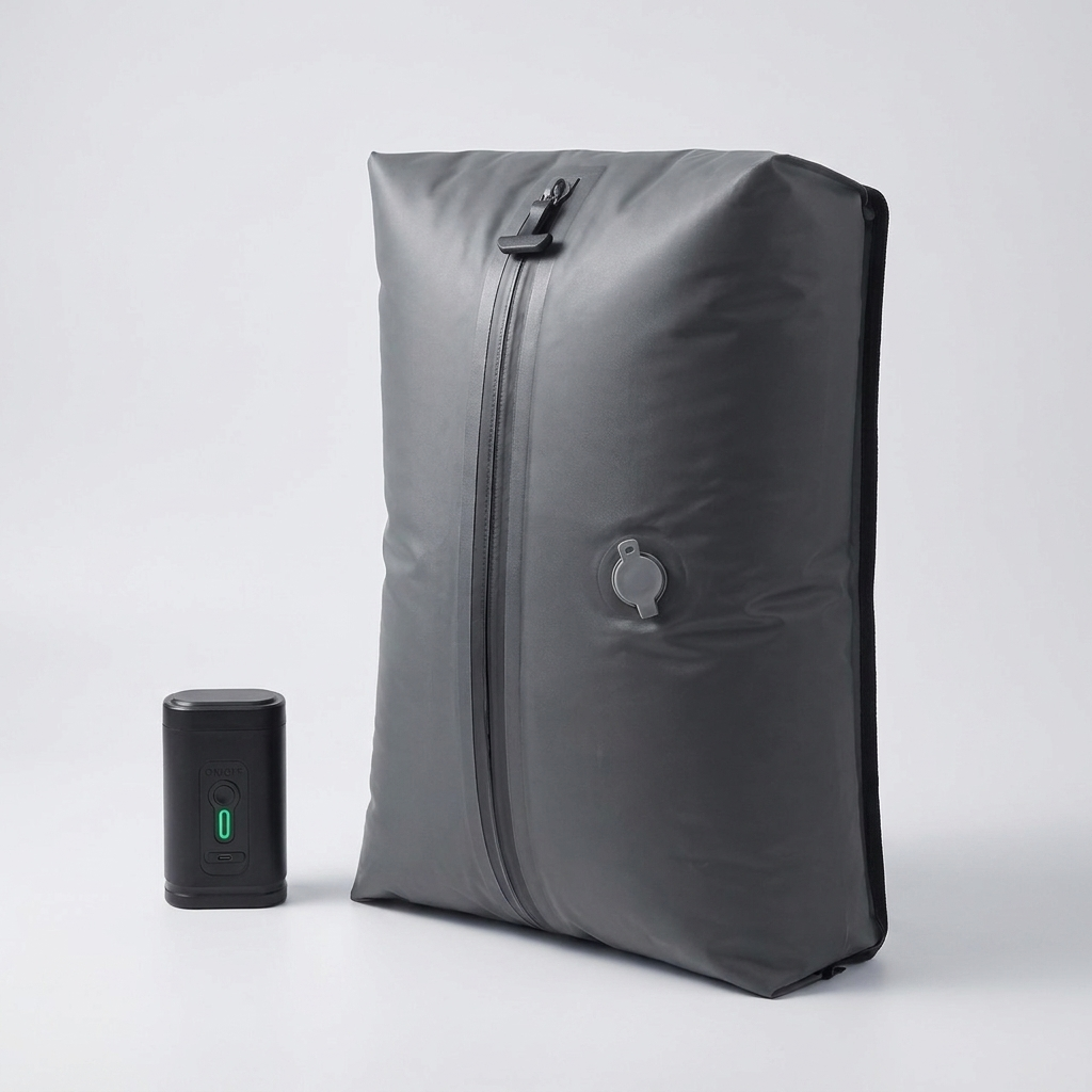 FlyPacked compression travel bag with USB air pump - studio hero shot