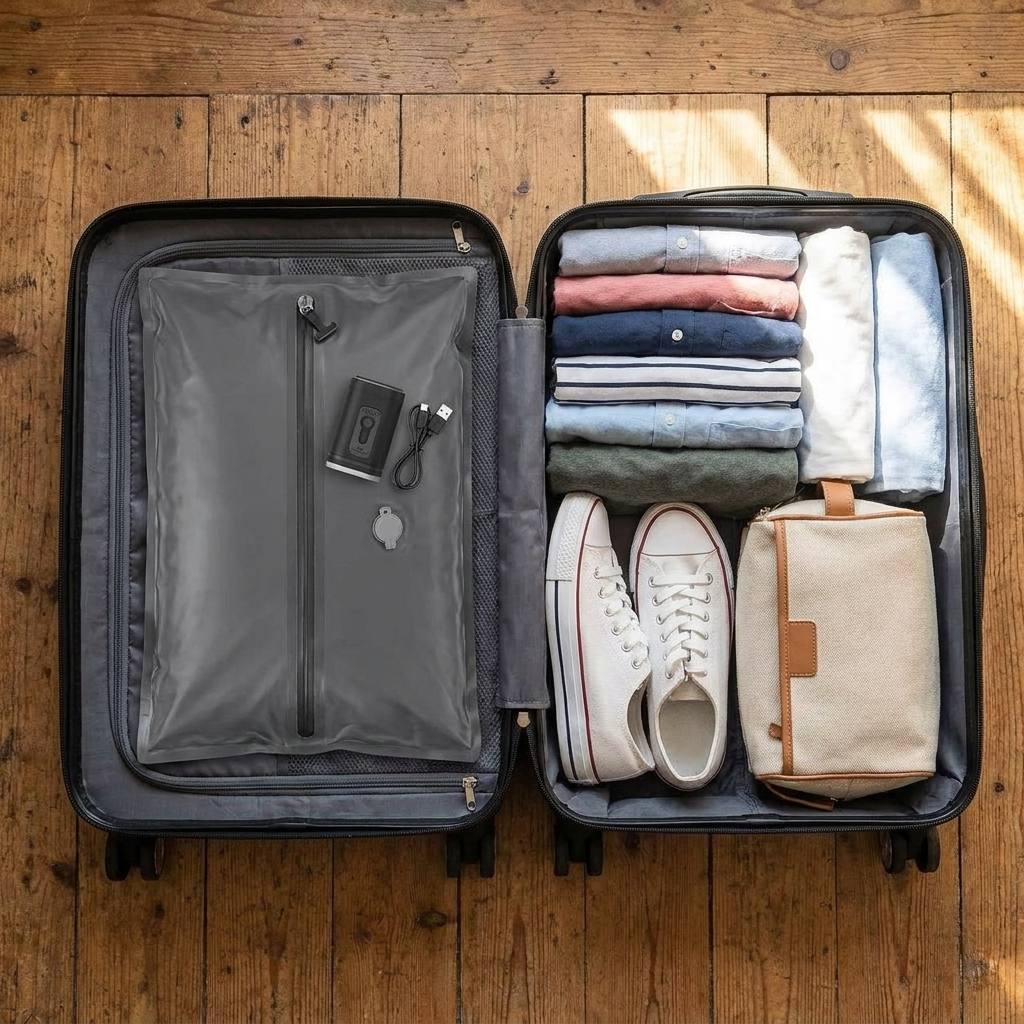 Compressed FlyPacked bag taking half a carry-on with room for shoes and toiletries