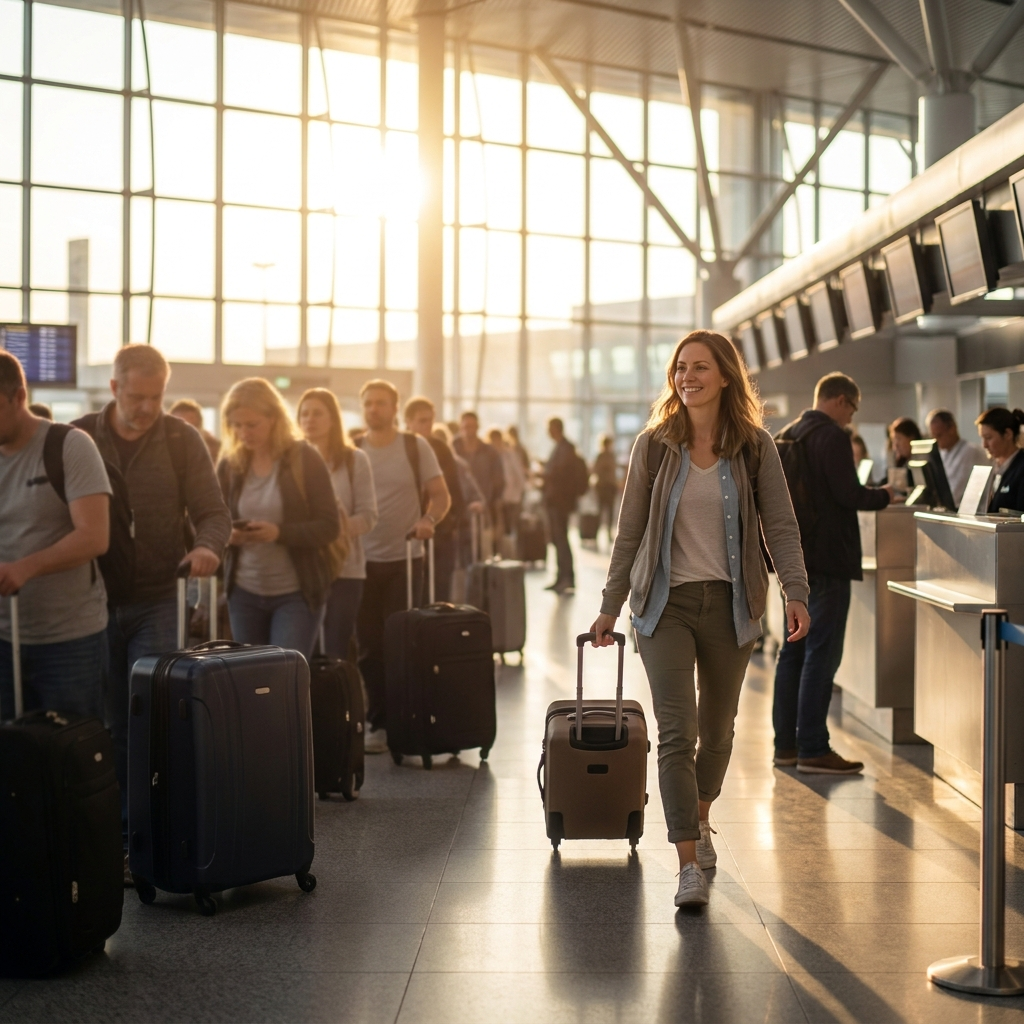 Traveler skipping the baggage check-in queue with only a carry-on