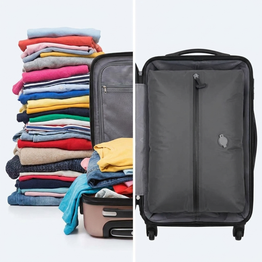 Before and after: 15+ garments compressed flat into one FlyPacked bag inside a carry-on