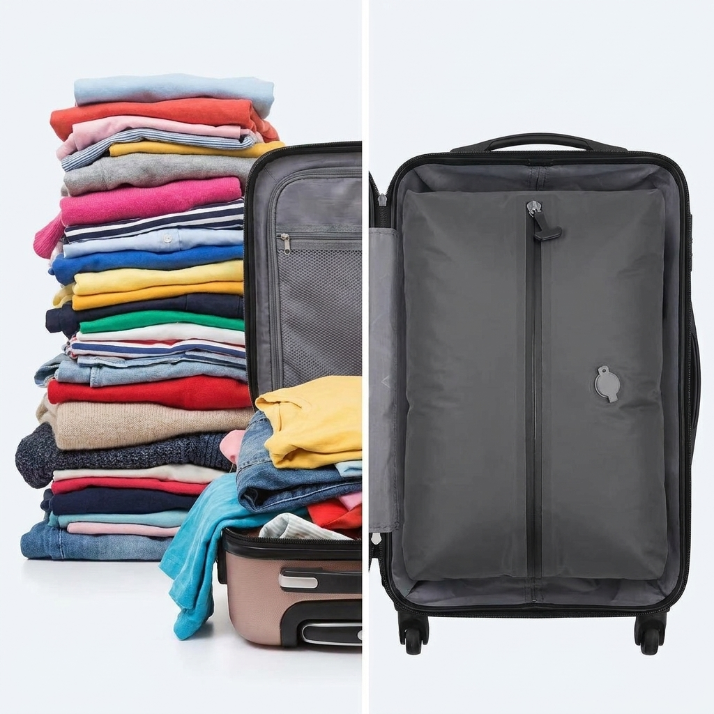 Before and after: 15+ garments compressed flat into one FlyPacked bag inside a carry-on