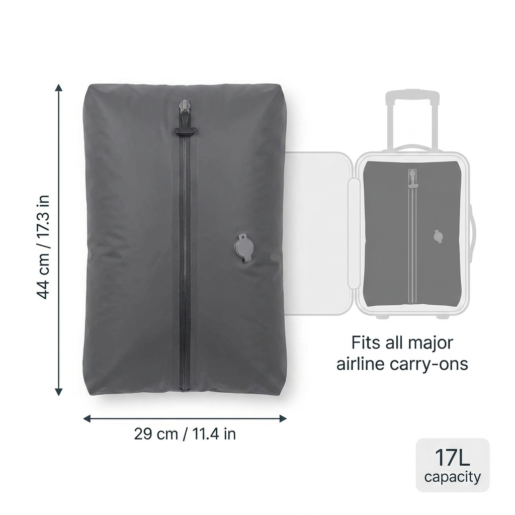 FlyPacked dimensions: 44 x 29 cm (17.3 x 11.4 in), 17L - fits all major airline carry-ons