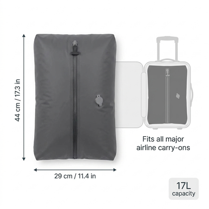 FlyPacked dimensions: 44 x 29 cm (17.3 x 11.4 in), 17L - fits all major airline carry-ons