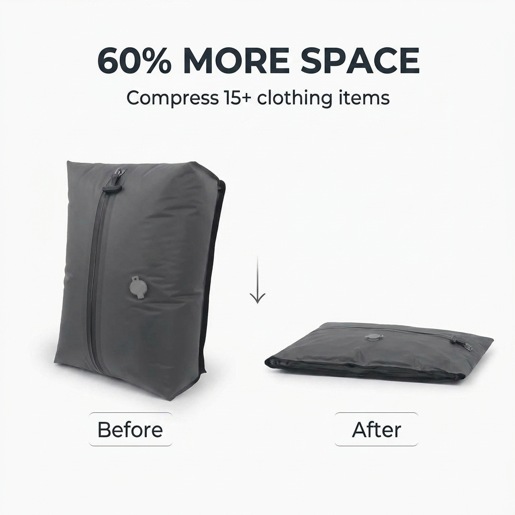 60% more space - before and after compression of the FlyPacked bag